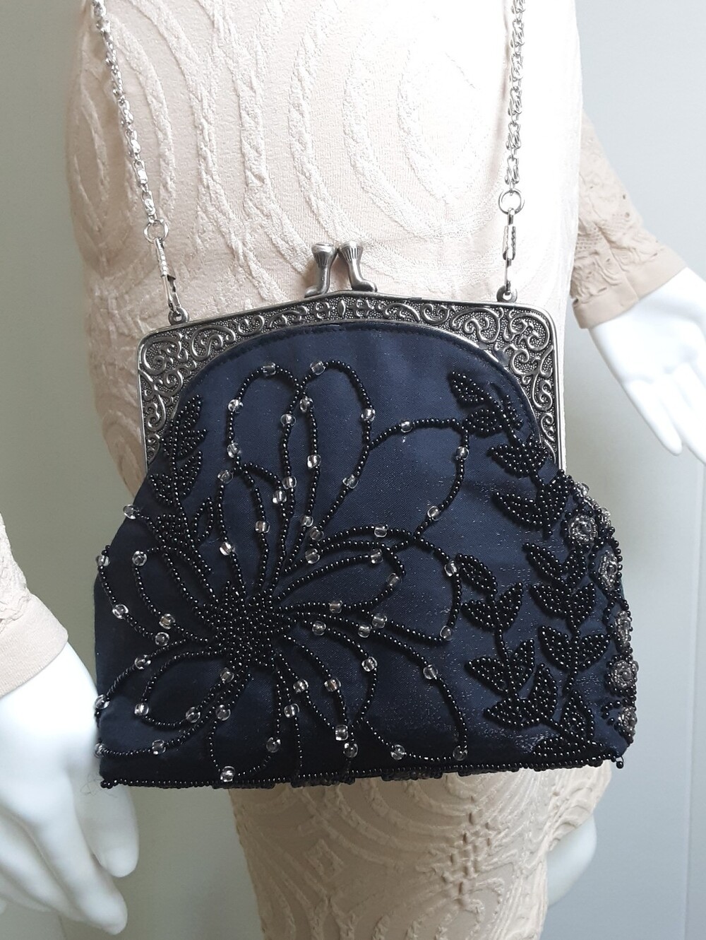VALERIE STEVENS Black Satin Beaded Floral Embroidered Evening Shoulder Bag